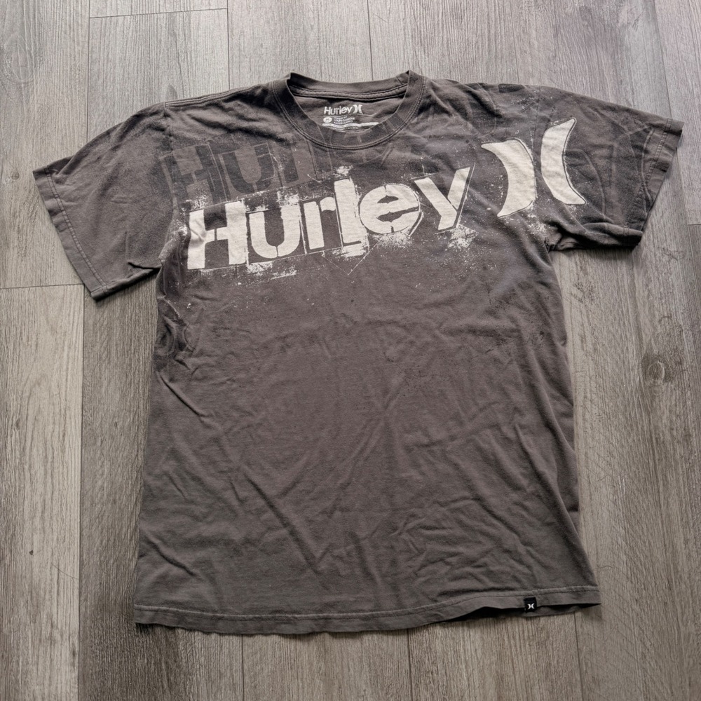 Hurley Mens Medium Gray Distressed Logo Graphic Tee Classic Fit
